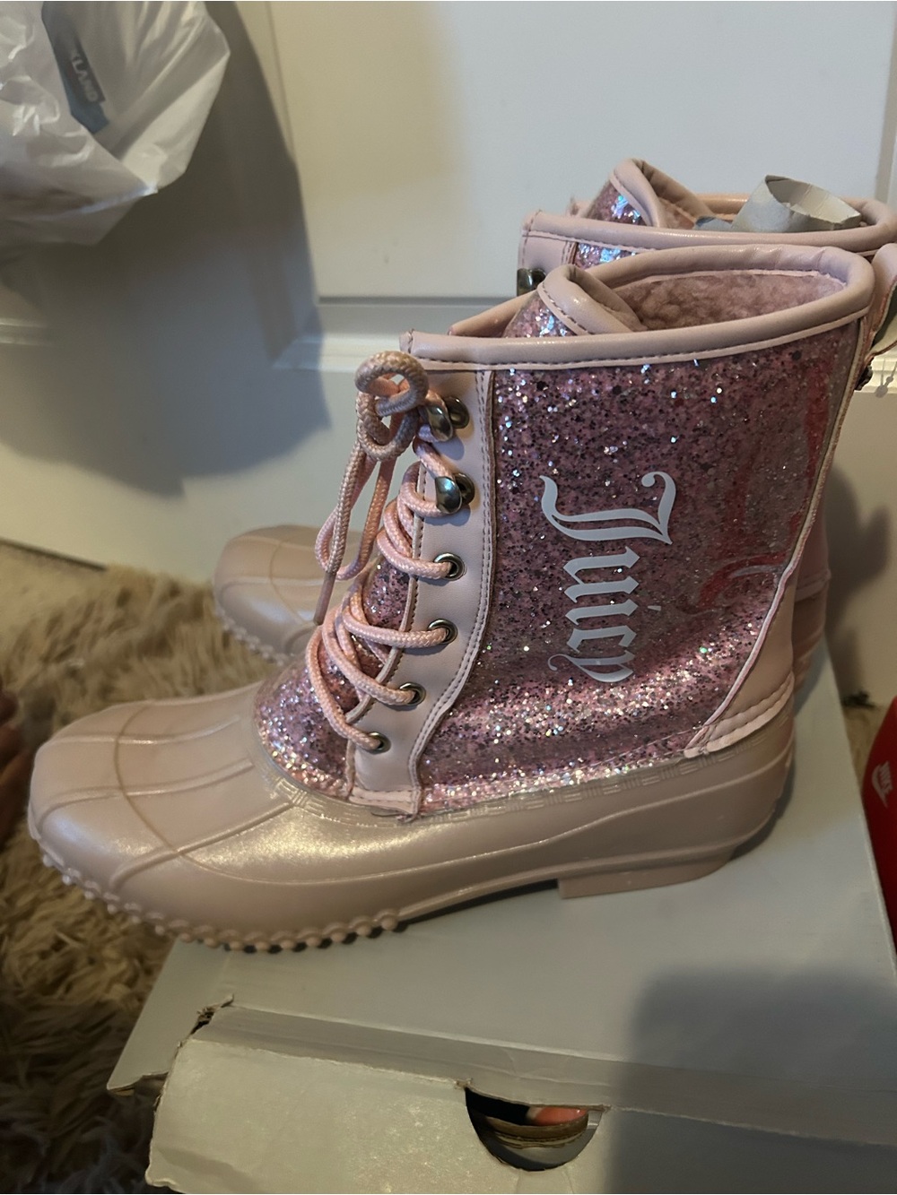 Juicy Couture Sparkle Pink Lace-Up Duck Boots